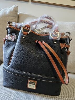 NWT Dooney & Bourke Pebble Leather Buckley Drawstring Bag-Black with Tan Trim